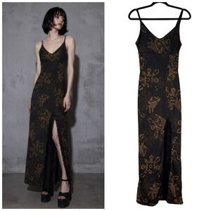 Vintage 90s/Y2K S Free Paris Dragon Babydoll Maxi Dress Asian Made In France